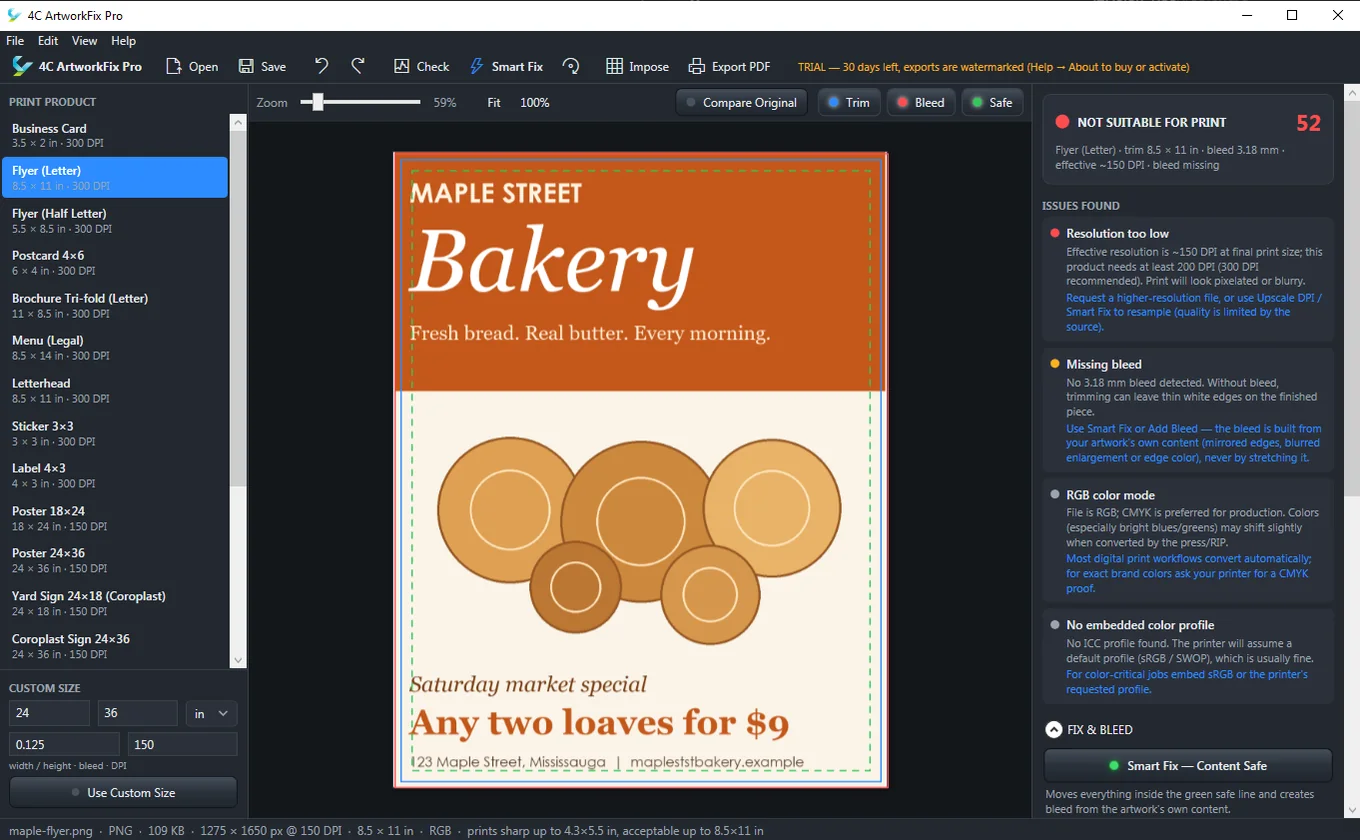 4C ArtworkFix Pro checking a bakery flyer: a readiness score of 52 and a list of issues such as resolution too low and missing bleed.